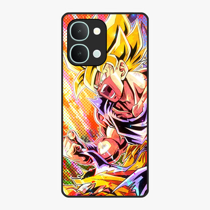 Firing Goku Glass Case showing flat back view with powerful anime inspired artwork and glossy glass finish.