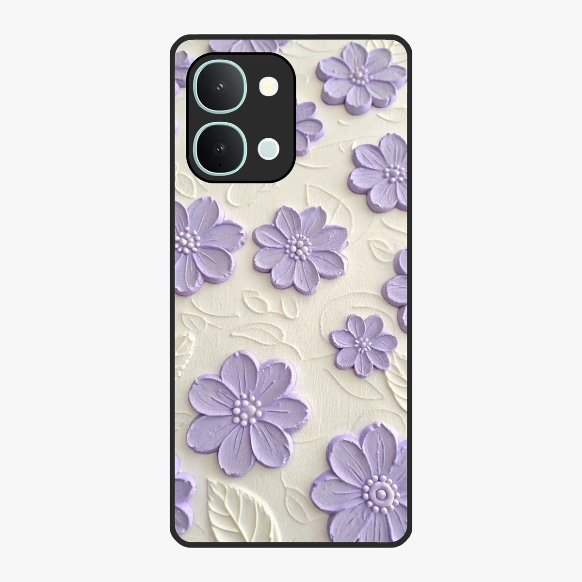 Floral Wall Art With Purple Flowers Glass Case showing flat back view with purple flower artwork and glossy glass finish.