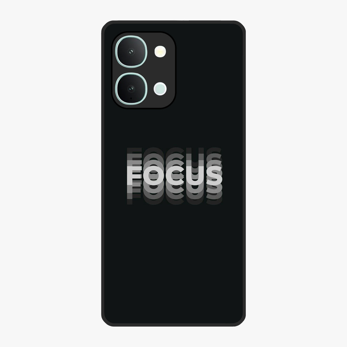 Focus Mode On Glass Case showing flat back view with bold motivational typography design and glossy glass finish.