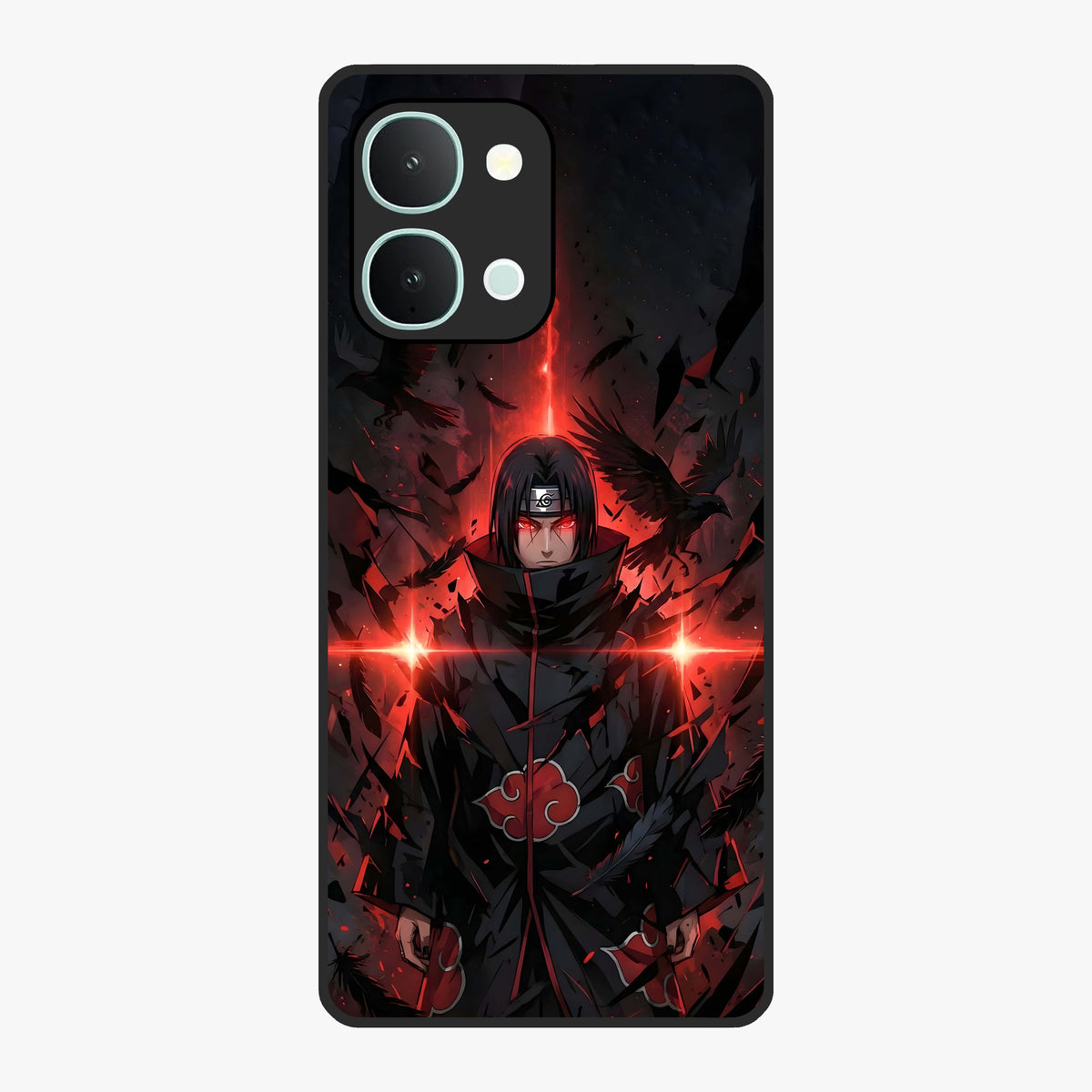 Focused Blade Discipline Glass Case showing flat back view with warrior sword themed artwork and glossy glass finish.