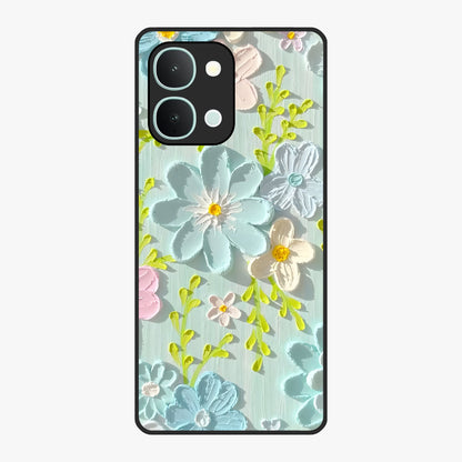 Frosted Petal Garden Glass Case showing flat back view with soft frosted floral artwork and glossy glass finish.