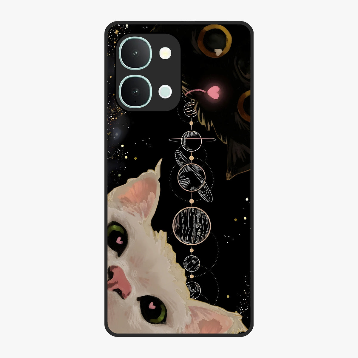 Galactic Cat Glass Case showing flat back view with cosmic cat artwork and glossy glass finish.