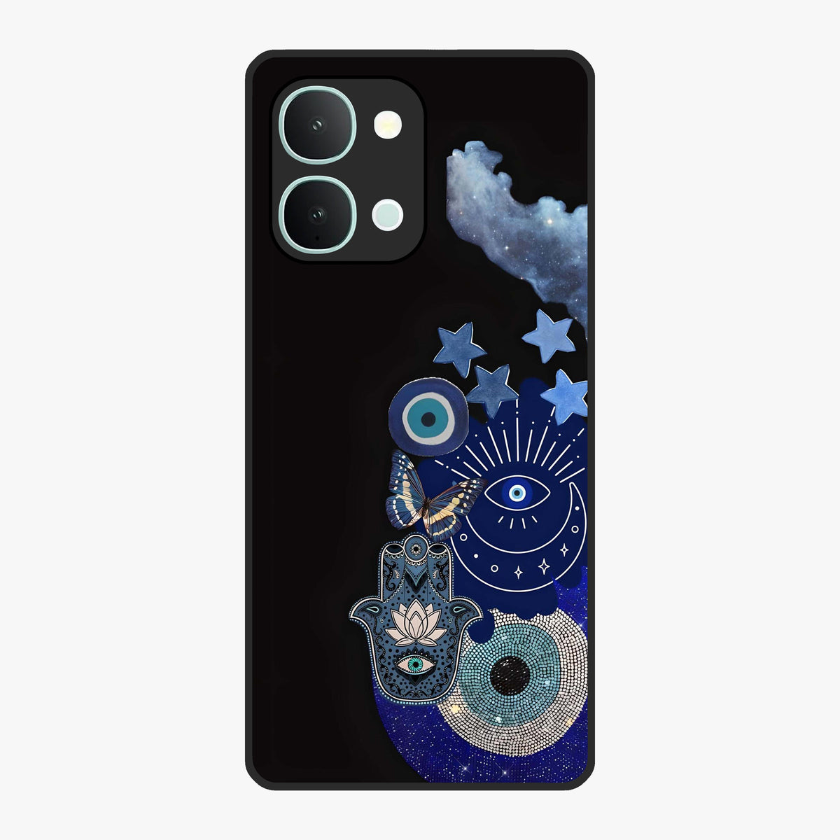 Galactic Charm Cluster Glass Case showing flat back view with glowing celestial charm artwork and glossy glass finish.