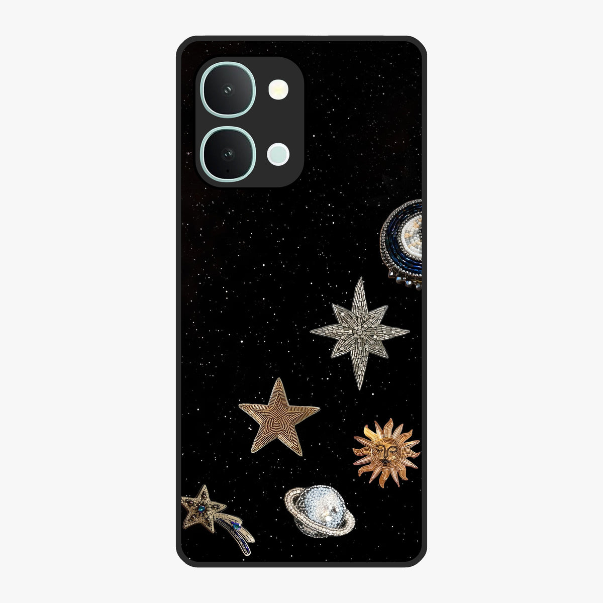 Galactic Charm Glow Glass Case showing flat back view with glowing celestial charm artwork and glossy glass finish.