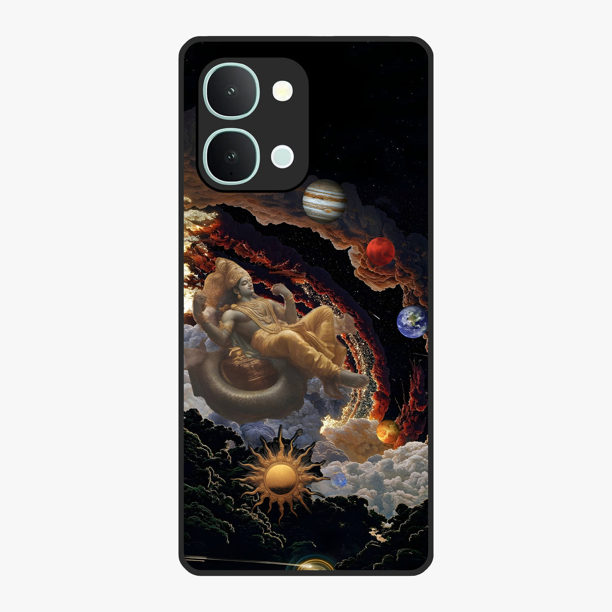Galactic Divine God Glass Case showing flat back view with divine cosmic themed artwork and glossy glass finish.