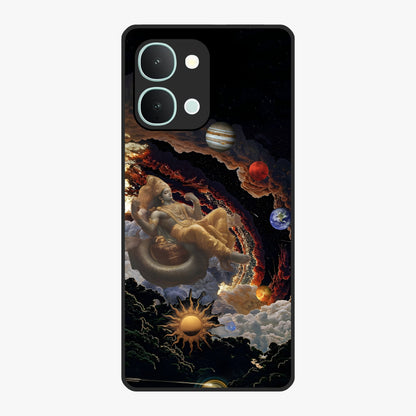 Galactic Divine God Glass Case showing flat back view with divine cosmic themed artwork and glossy glass finish.