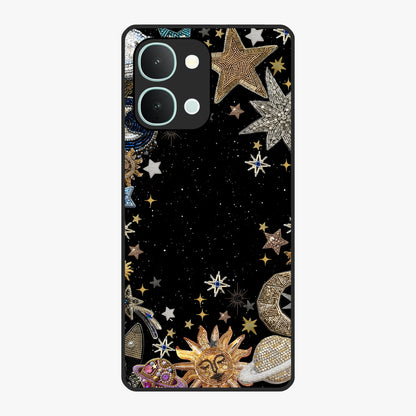 Galactic Jewel Stars Glass Case showing flat back view with sparkling star jewel artwork and glossy glass finish.