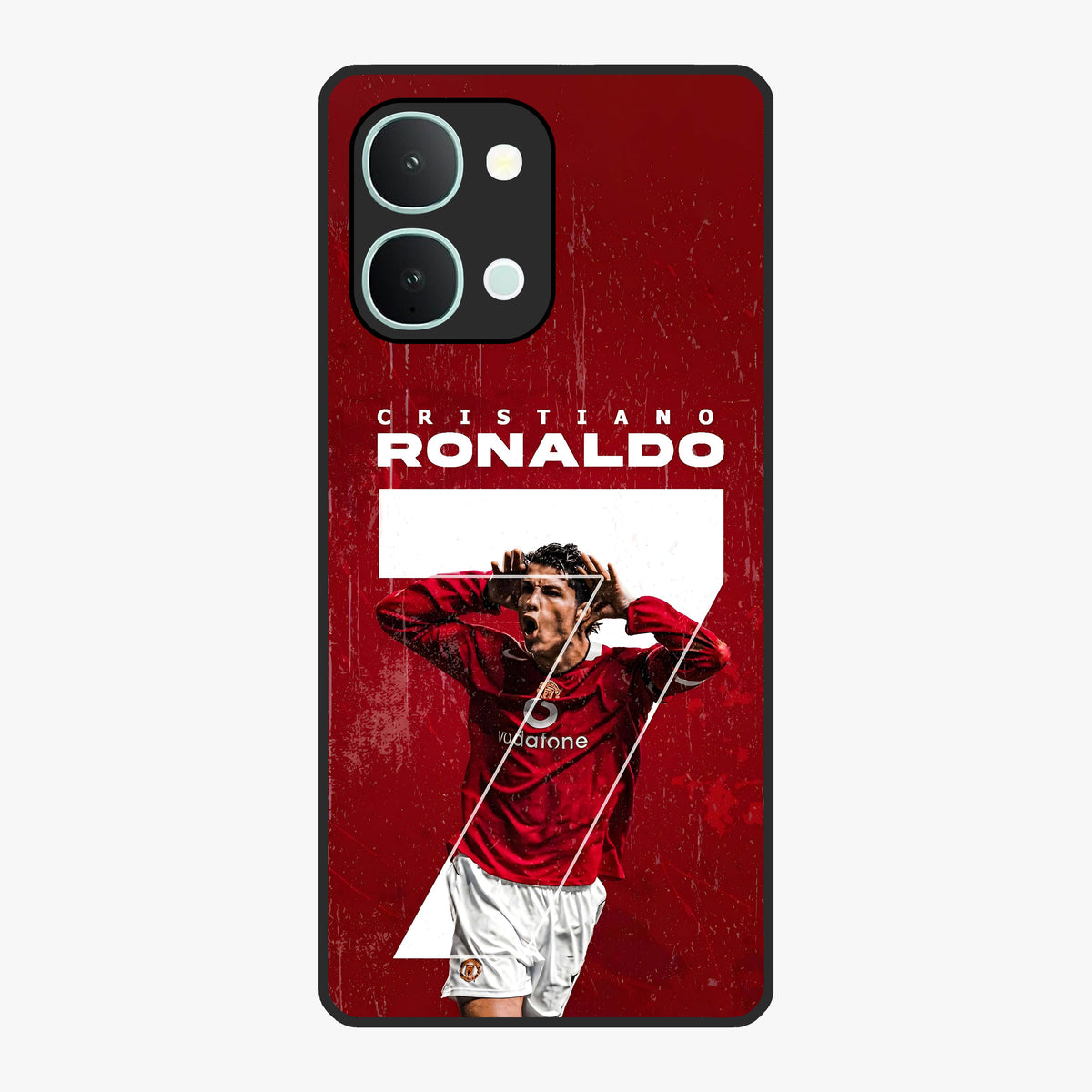Goal Celebration Legacy Glass Case showing flat back view with football celebration inspired artwork and glossy glass finish.