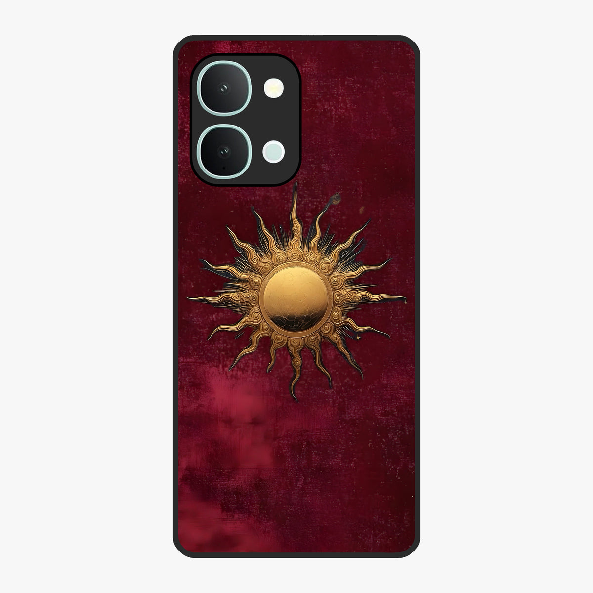 Gold Sun Blush Glass Case showing flat back view with golden sun inspired artwork and glossy glass finish.