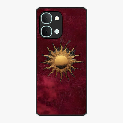 Gold Sun Blush Glass Case showing flat back view with golden sun inspired artwork and glossy glass finish.
