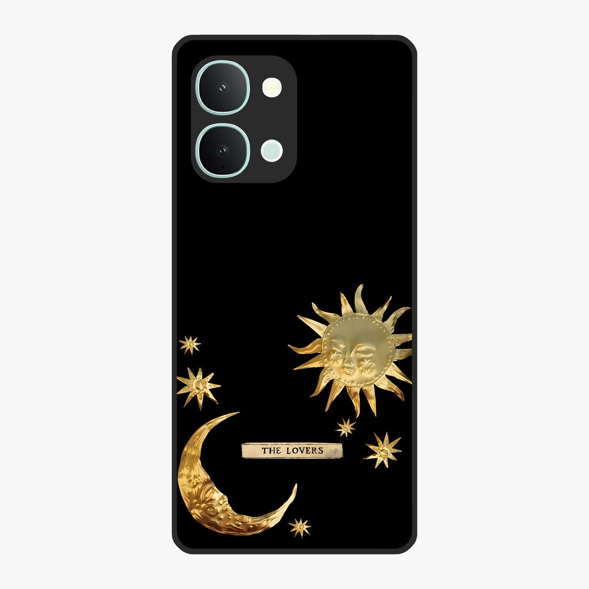 Golden Celestial Charm Glass Case showing flat back view with golden celestial charm artwork and glossy glass finish.