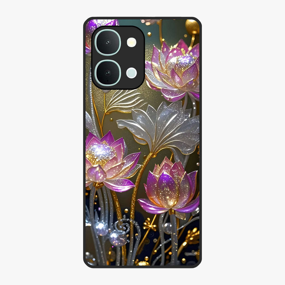 Golden Lotus Glow Glass Case showing flat back view with glowing lotus flower artwork and glossy glass finish.