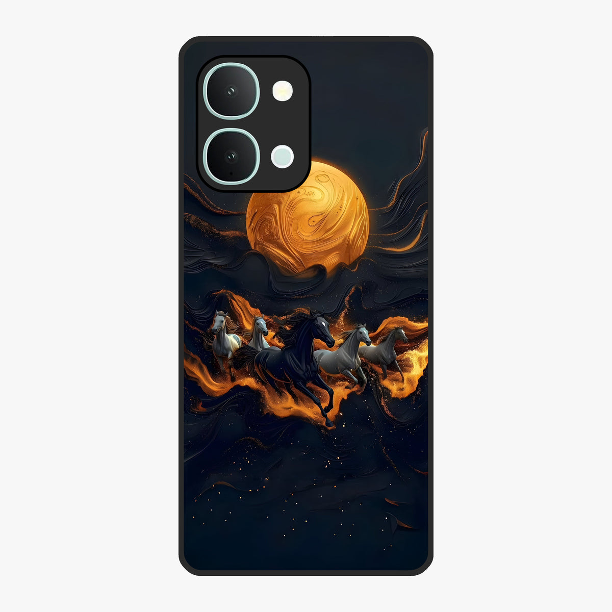 Golden Stallion Moonride Glass Case showing flat back view with majestic horse under moonlight artwork and glossy glass finish.