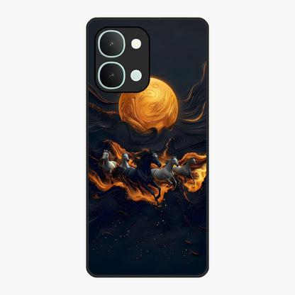 Golden Stallion Moonride Glass Case showing flat back view with majestic horse under moonlight artwork and glossy glass finish.