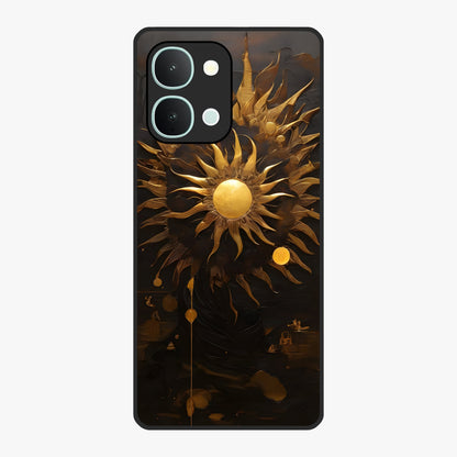 Golden Sun Majesty Glass Case showing flat back view with radiant golden sun artwork and glossy glass finish.
