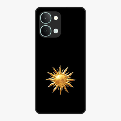 Golden Sun Minimalism Glass Case showing flat back view with minimal golden sun artwork and glossy glass finish.