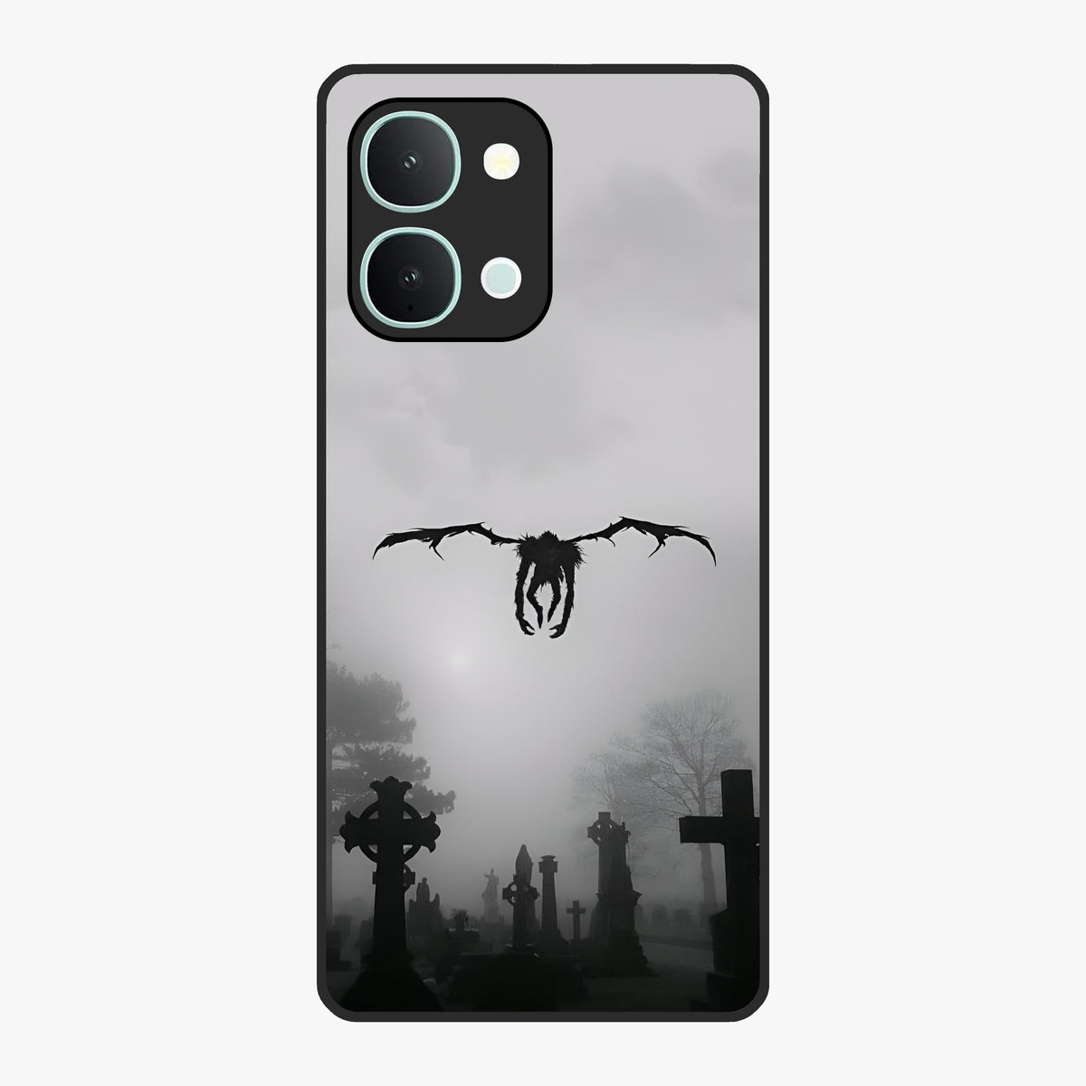 Graveyard Shadow Descent Glass Case showing flat back view with dark graveyard themed artwork and glossy glass finish.