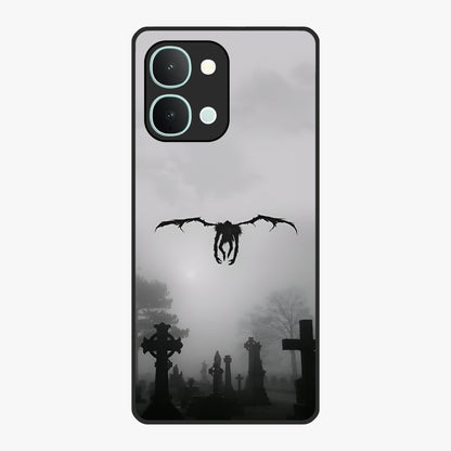 Graveyard Shadow Descent Glass Case showing flat back view with dark graveyard themed artwork and glossy glass finish.