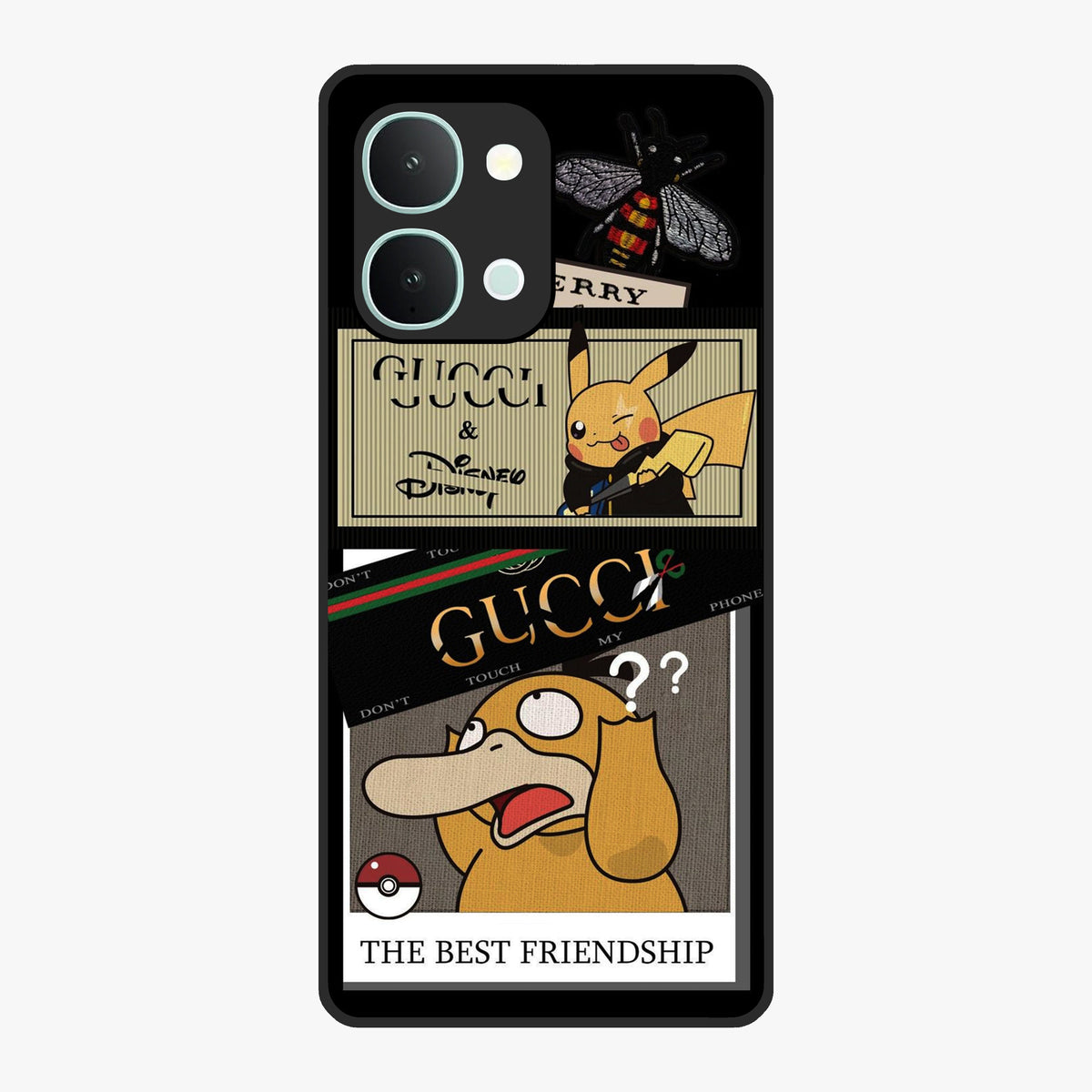Gucci Play Mashup Glass Case showing flat back view with luxury inspired graphic artwork and glossy glass finish.