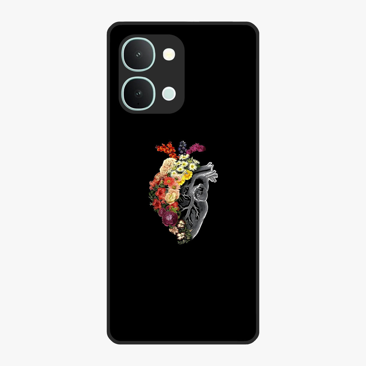 Heart With Flowers Glass Case showing flat back view with heart shaped floral artwork and glossy glass finish.