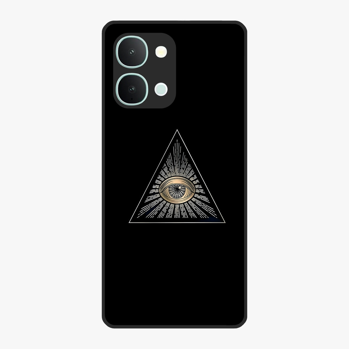 Illuminati Evil Glass Case showing flat back view with mysterious illuminati symbol artwork and glossy glass finish.