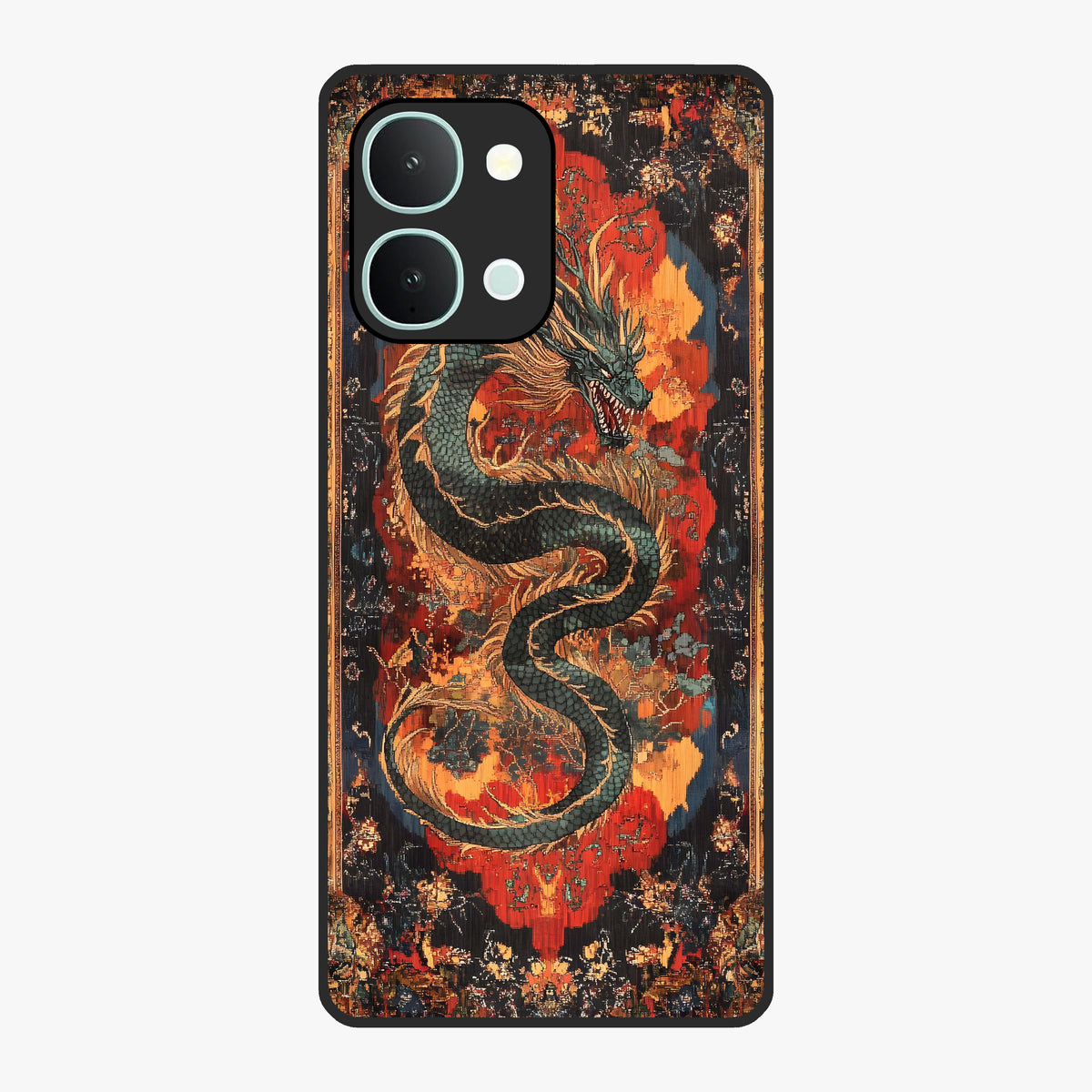 Inferno Dragon Soul Glass Case showing flat back view with fiery dragon artwork and glossy glass finish.