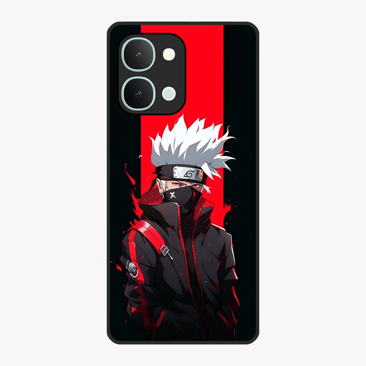 Kakashi Scarlet Shadow Glass Case showing flat back view with powerful anime ninja artwork and glossy glass finish.