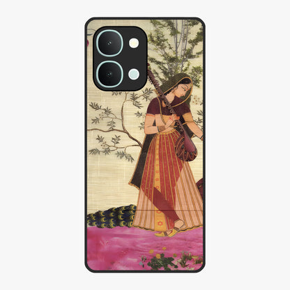 Lady With Veena Art Glass Case showing flat back view with elegant woman playing veena artwork and glossy glass finish.