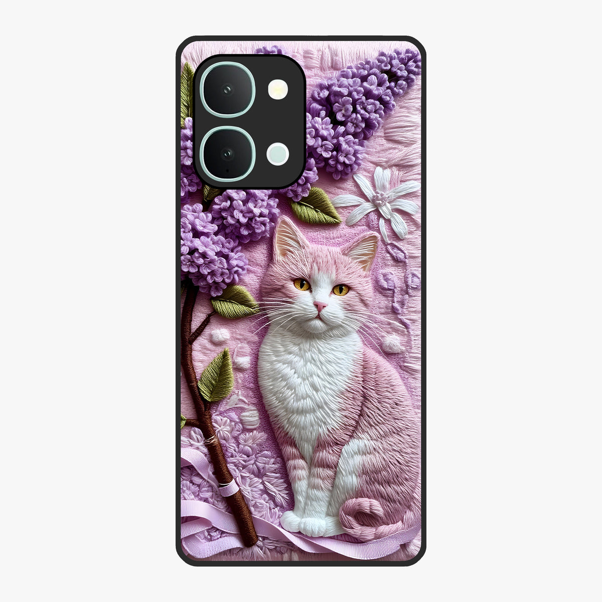 Lavender Cat Whimsy Glass Case showing flat back view with cute lavender cat artwork and glossy glass finish.