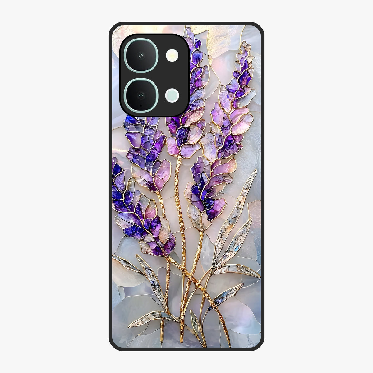 Lavender Dream Glow Glass Case showing flat back view with glowing lavender aesthetic artwork and glossy glass finish.