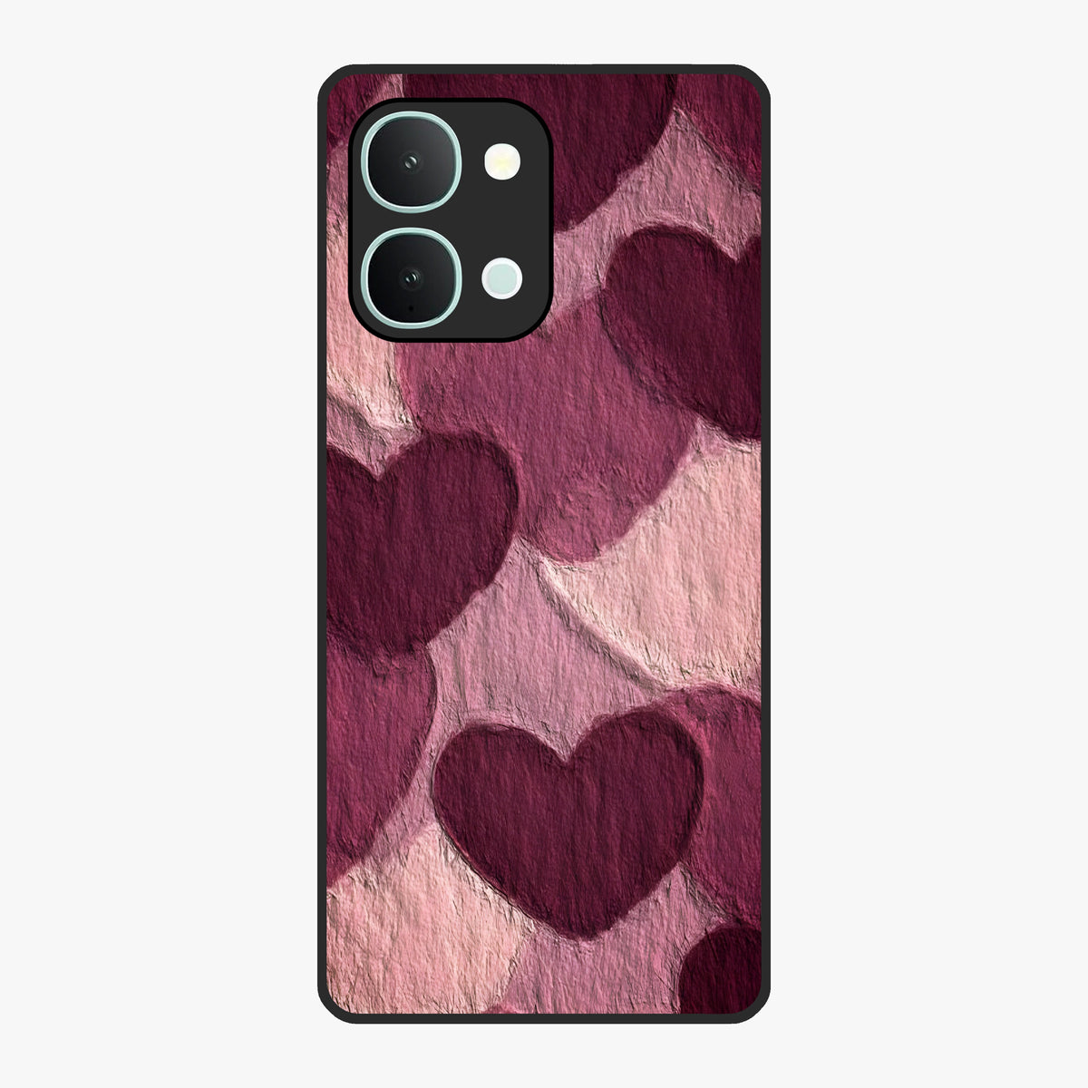 Layered Paper Hearts Glass Case showing flat back view with layered paper heart artwork and glossy glass finish.