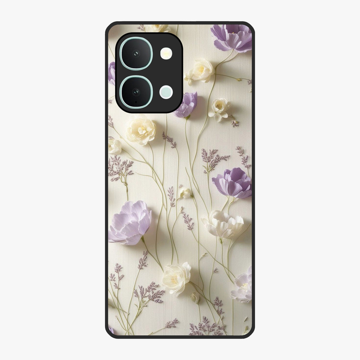 Lilac Breeze Harmony Glass Case showing flat back view with soft lilac themed artwork and glossy glass finish.