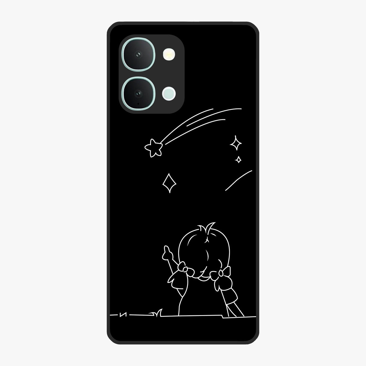Line Art Girl With Shooting Stars Glass Case showing flat back view with minimal line art girl and shooting stars illustration and glossy glass finish.