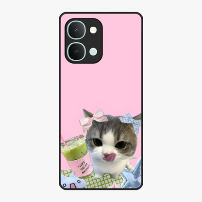 Love Matcha Cat Glass Case showing flat back view with cute cat and matcha themed artwork and glossy glass finish.