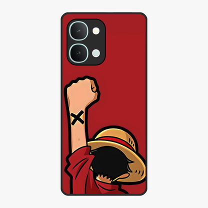 Luffy X Spirit Glass Case showing flat back view with bold anime character artwork and glossy glass finish.