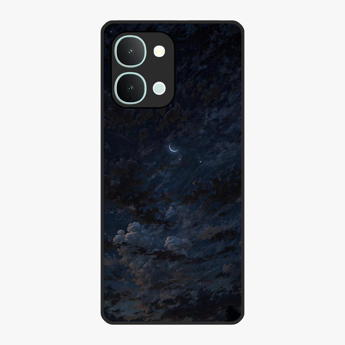 Lunar Veil Silence Glass Case showing flat back view with mystical moon veil artwork and glossy glass finish.