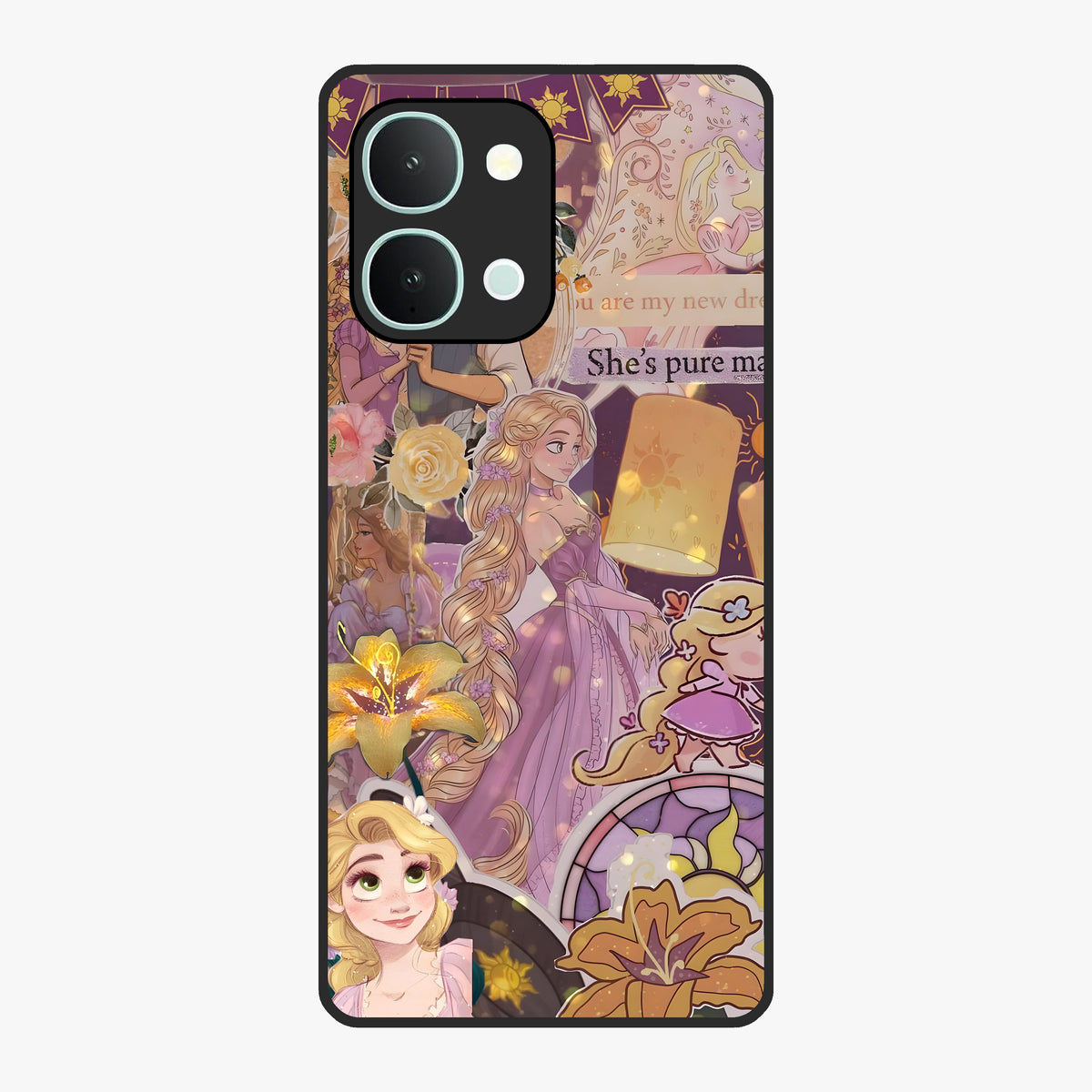 Magical Tangled Dream Glass Case showing flat back view with dreamy tangled artwork and glossy glass finish.