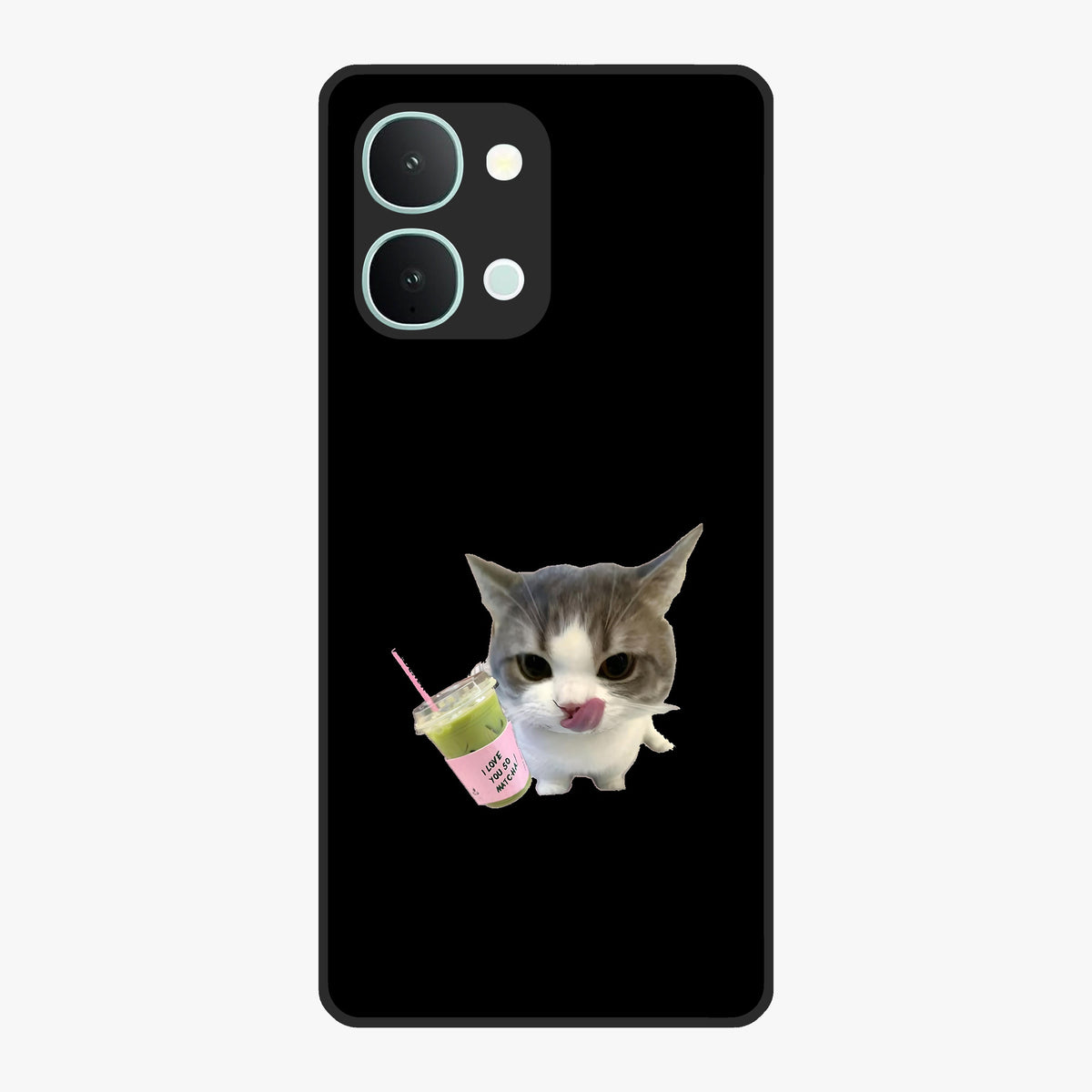Matcha Cat Style Glass Case showing flat back view with cute matcha themed cat artwork and glossy glass finish.