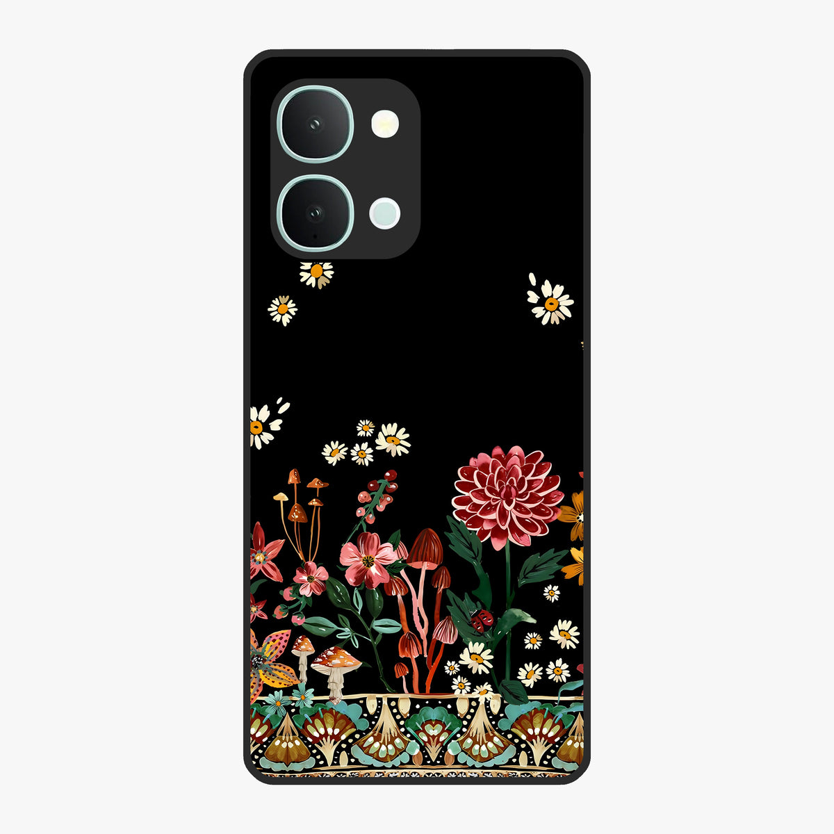 Midnight Bloom Pattern Glass Case showing flat back view with dark floral pattern artwork and glossy glass finish.