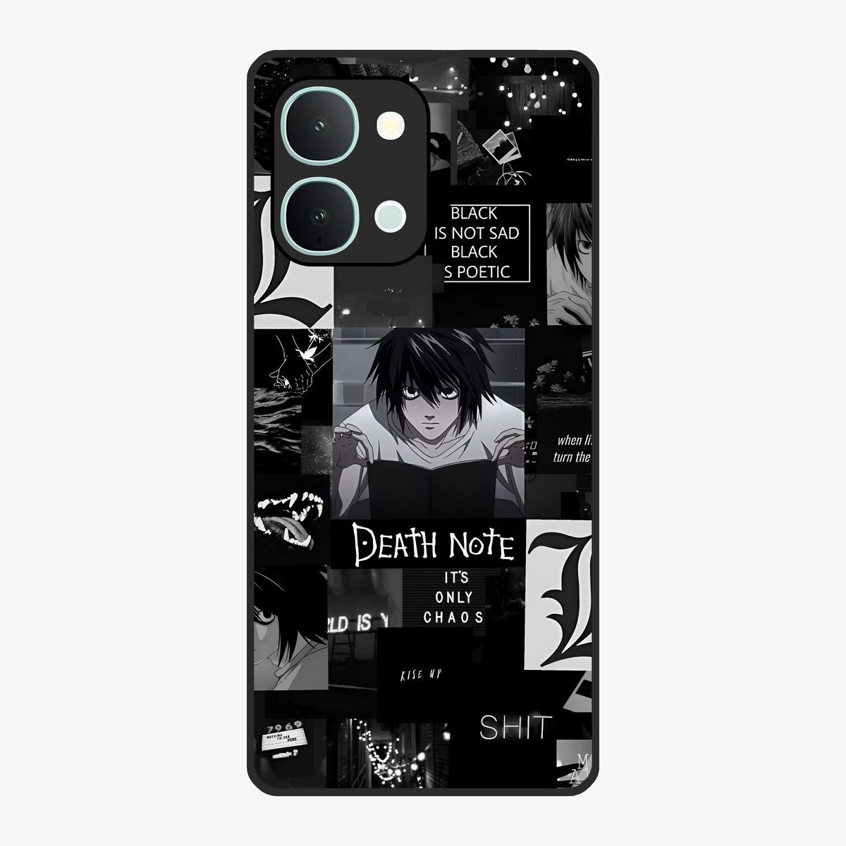 Midnight Chaos Mind Glass Case showing flat back view with abstract dark themed artwork and glossy glass finish.