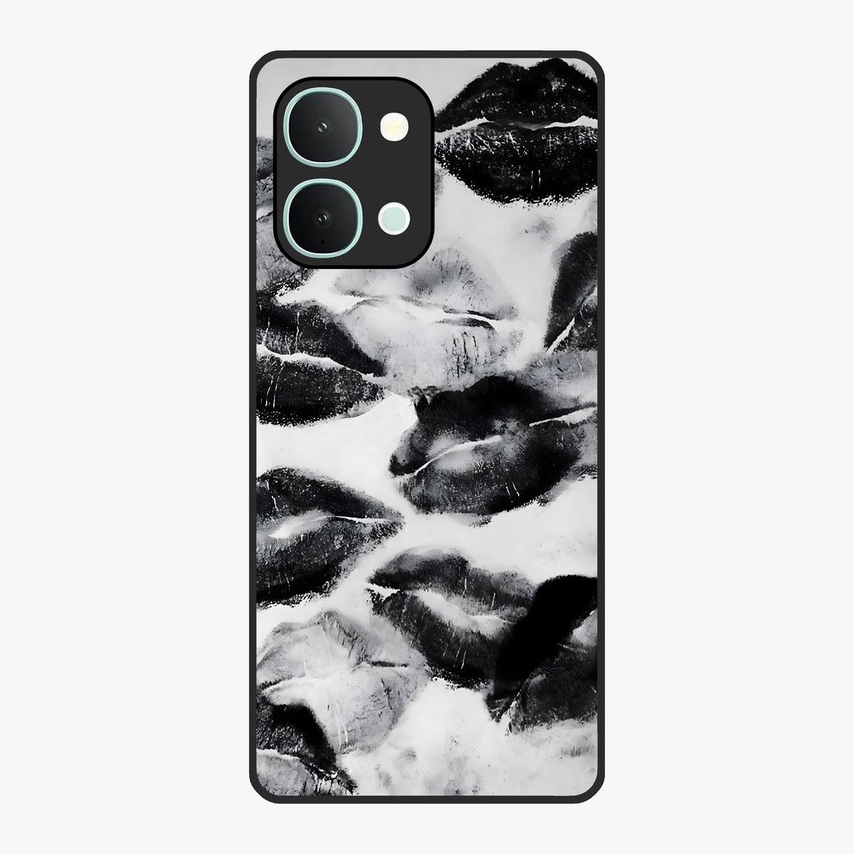 Midnight Kiss Marks Glass Case showing flat back view with lipstick kiss mark artwork and glossy glass finish.