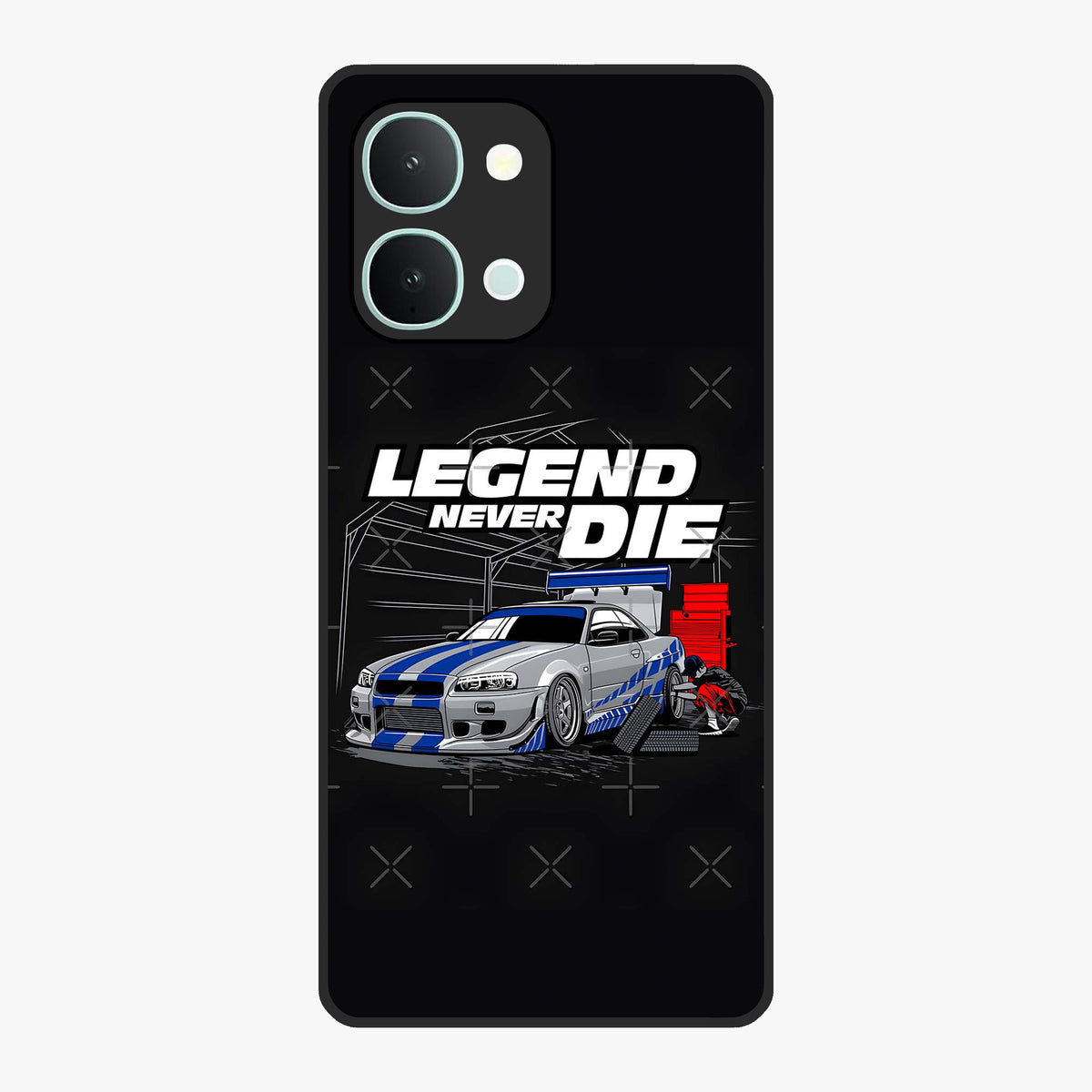 Midnight Racing Legacy Glass Case showing flat back view with sleek racing inspired artwork and glossy glass finish.