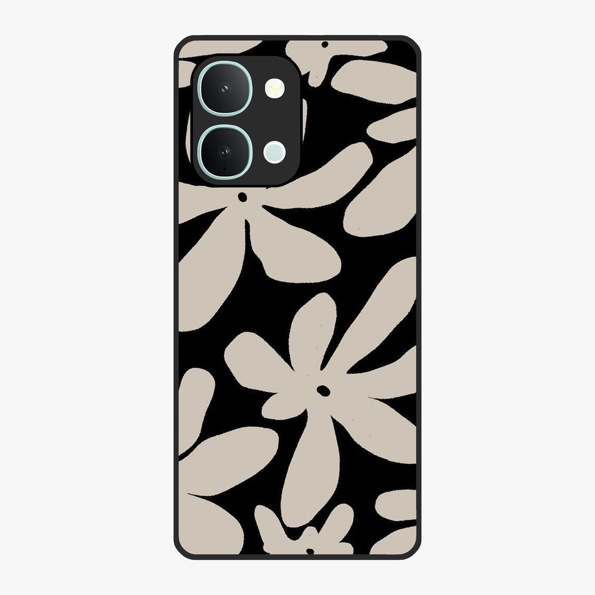 Monochrome Petal Dance Glass Case showing flat back view with monochrome floral artwork and glossy glass finish.