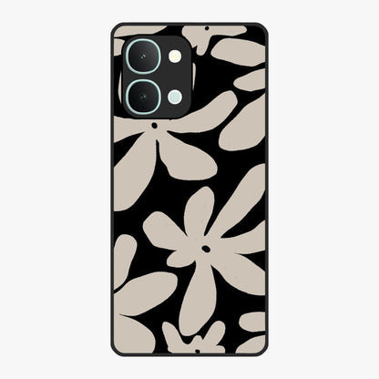 Monochrome Petal Dance Glass Case showing flat back view with monochrome floral artwork and glossy glass finish.