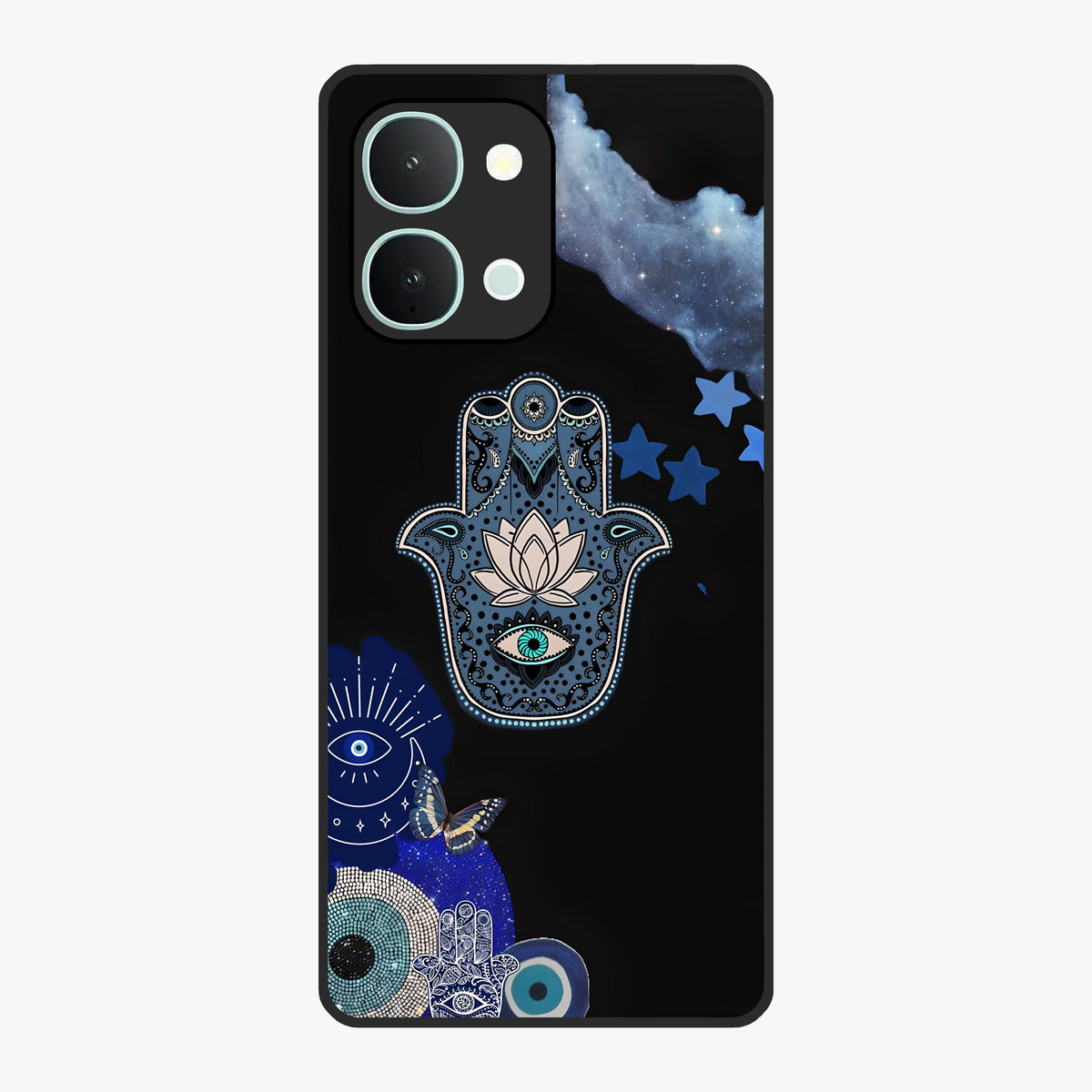Mystic Hand Aura Glass Case showing flat back view with mystical hand symbol artwork and glossy glass finish.