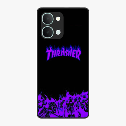 Neon Flame Riot Glass Case showing flat back view with neon flame artwork and glossy glass finish.