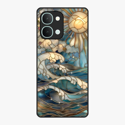 Oceanic Stained Printed Glass Case showing flat back view with ocean inspired stained pattern artwork and glossy glass finish.
