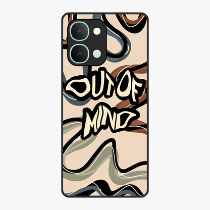 Out Of Mind Glass Case showing flat back view with expressive typography artwork and glossy glass finish.