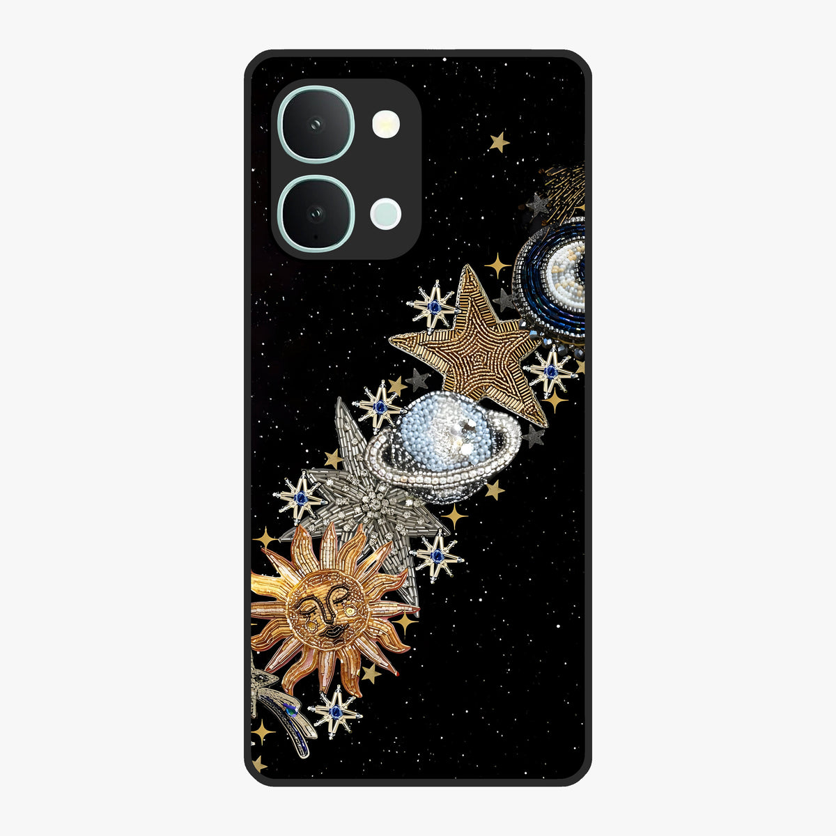 Pearls Universe Object Glass Case showing flat back view with pearl inspired cosmic artwork and glossy glass finish.