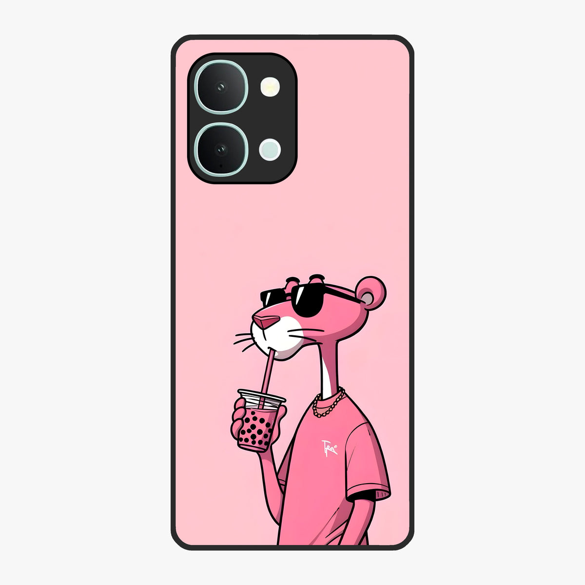 Pink Panther Glass Case showing flat back view with iconic pink panther artwork and glossy glass finish.